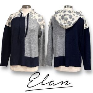 ELAN Women’s Solid & Printed Sweater Knit Color Block Hoodie in the Size Large
